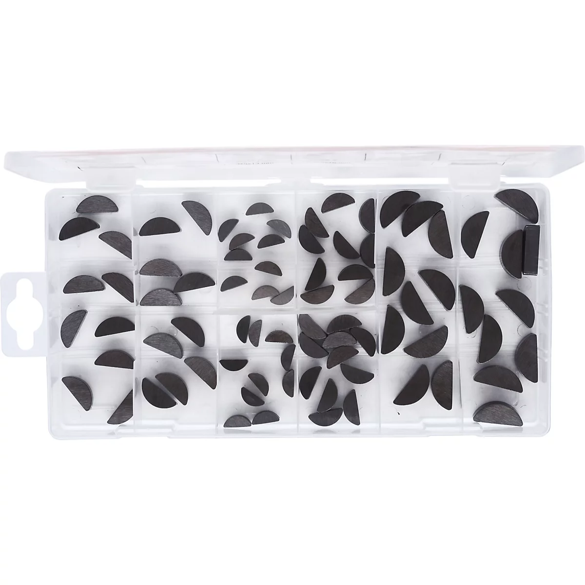 Eine transparente Box, gefüllt mit halbrunden Metallkeilen. Diese liegen in den einzelnen Fächern.